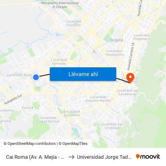 Cai Roma (Av. A. Mejía - Cl 55a Sur) to Universidad Jorge Tadeo Lozano map