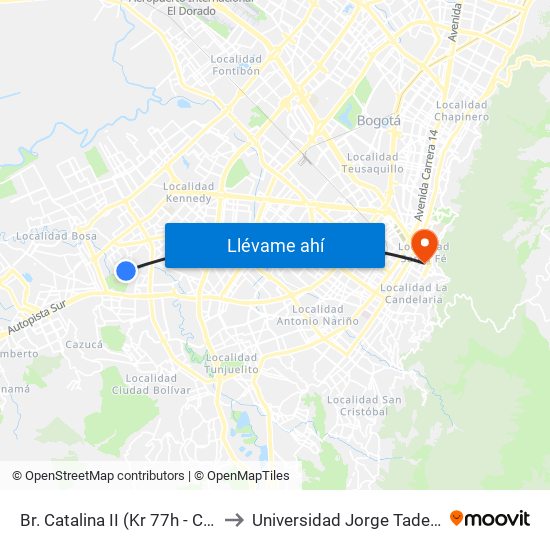 Br. Catalina II (Kr 77h - Cl 54d Sur) to Universidad Jorge Tadeo Lozano map