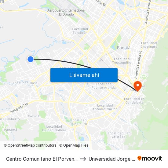 Centro Comunitario El Porvenir (Cl 52 Sur - Kr 100) to Universidad Jorge Tadeo Lozano map