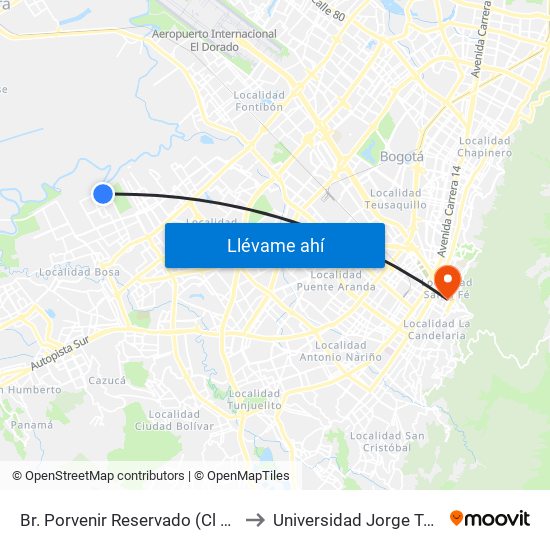 Br. Porvenir Reservado (Cl 50 Sur - Kr 98b) to Universidad Jorge Tadeo Lozano map