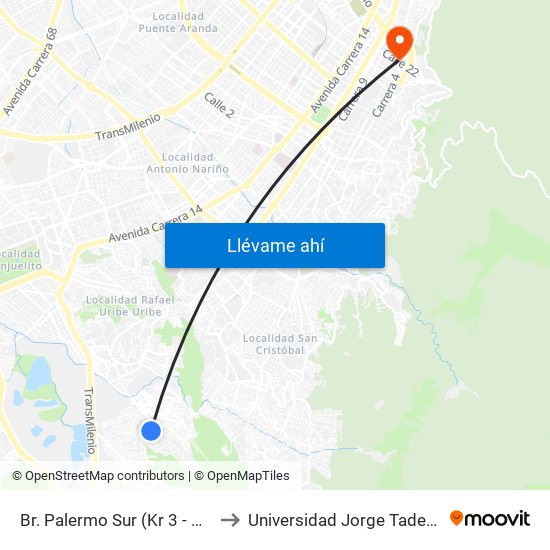 Br. Palermo Sur (Kr 3 - Cl 50 Sur) to Universidad Jorge Tadeo Lozano map