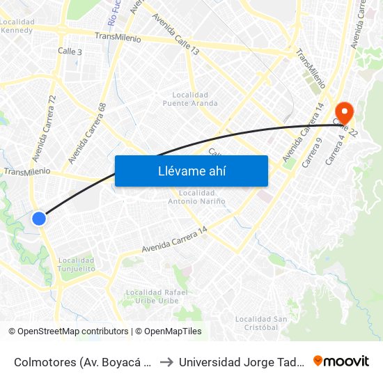 Colmotores (Av. Boyacá - Kr 35) (A) to Universidad Jorge Tadeo Lozano map