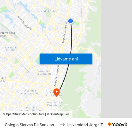 Colegio Siervas De San José (Ak 19 - Cl 131) to Universidad Jorge Tadeo Lozano map