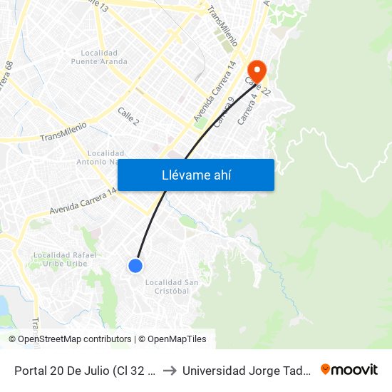 Portal 20 De Julio (Cl 32 Sur - Kr 3f) to Universidad Jorge Tadeo Lozano map
