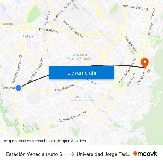 Estación Venecia (Auto Sur - Kr 54a) to Universidad Jorge Tadeo Lozano map