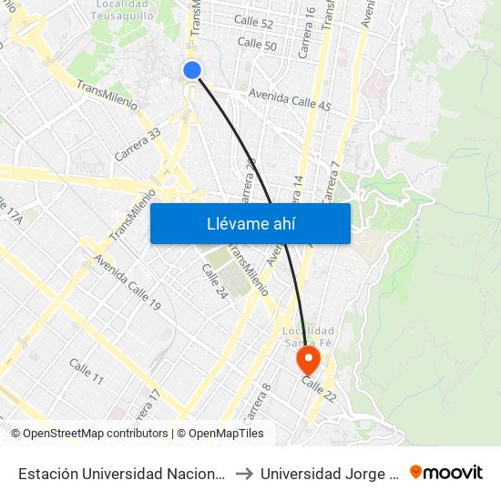 Estación Universidad Nacional (Av. NQS - Cl 45a) to Universidad Jorge Tadeo Lozano map