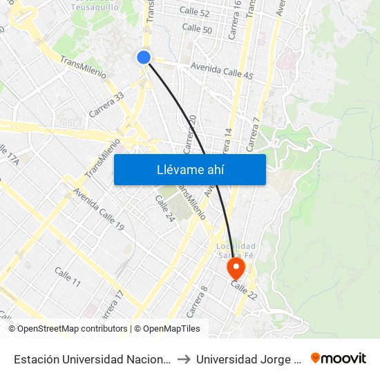 Estación Universidad Nacional (Av. NQS - Cl 45) to Universidad Jorge Tadeo Lozano map