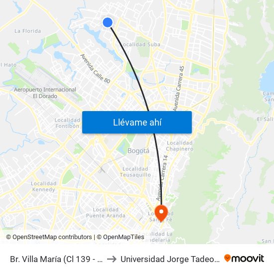 Br. Villa María (Cl 139 - Kr 114) to Universidad Jorge Tadeo Lozano map