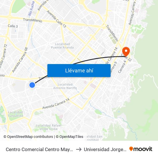 Centro Comercial Centro Mayor (Ak 27 - Cl 38a Sur) to Universidad Jorge Tadeo Lozano map