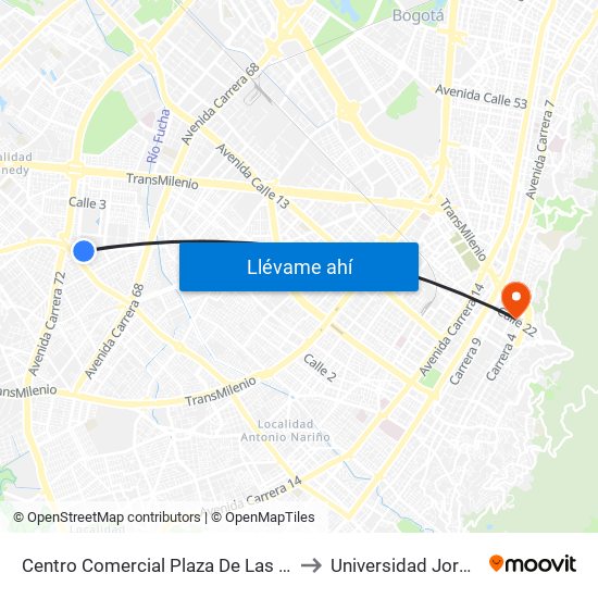 Centro Comercial Plaza De Las Américas (Cl 8 Sur - Kr 71a) to Universidad Jorge Tadeo Lozano map
