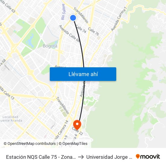 Estación NQS Calle 75 - Zona M (Av. NQS - Cl 75) to Universidad Jorge Tadeo Lozano map