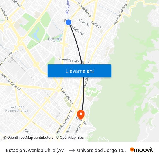 Estación Avenida Chile (Av. NQS - Cl 70) to Universidad Jorge Tadeo Lozano map