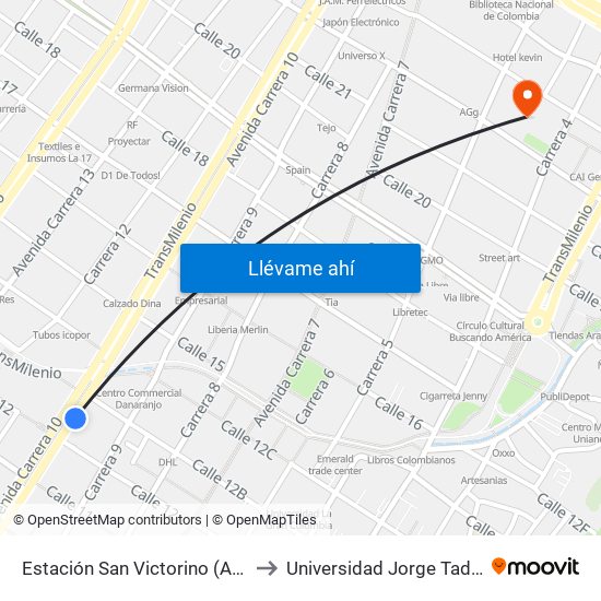 Estación San Victorino (Ak 10 - Cl 12) to Universidad Jorge Tadeo Lozano map