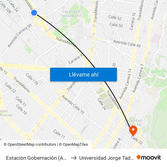 Estación Gobernación (Ac 26 - Kr 51) to Universidad Jorge Tadeo Lozano map