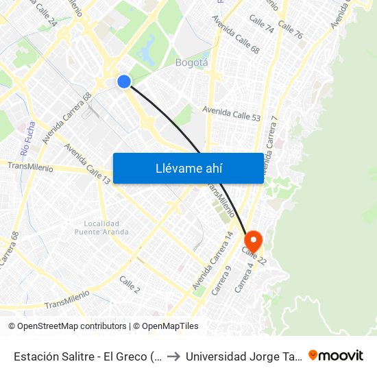 Estación Salitre - El Greco (Ac 26 - Ak 68) to Universidad Jorge Tadeo Lozano map