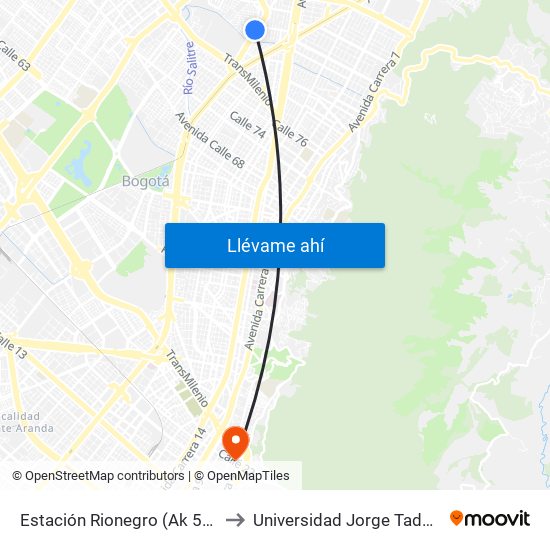 Estación Rionegro (Ak 50 - Cl 91a) to Universidad Jorge Tadeo Lozano map