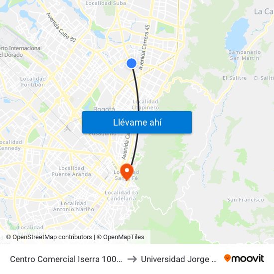 Centro Comercial Iserra 100 (Av. Suba - Cl 98a) to Universidad Jorge Tadeo Lozano map