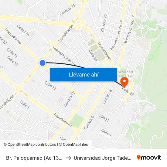 Br. Paloquemao (Ac 13 - Kr 29) to Universidad Jorge Tadeo Lozano map