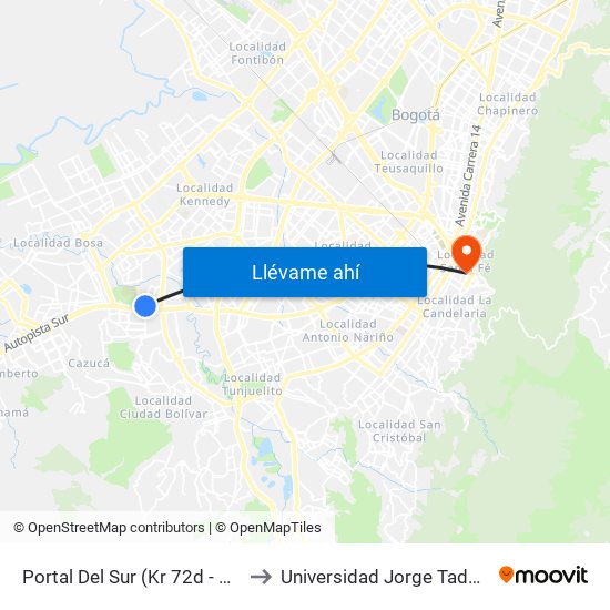 Portal Del Sur (Kr 72d - Cl 57k Sur) to Universidad Jorge Tadeo Lozano map