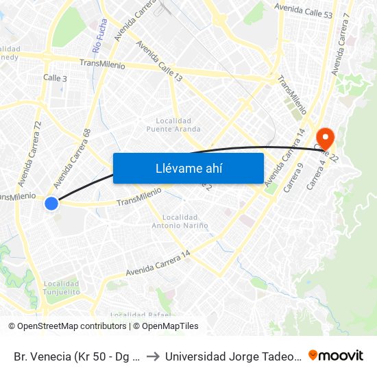 Br. Venecia (Kr 50 - Dg 45 Sur) to Universidad Jorge Tadeo Lozano map