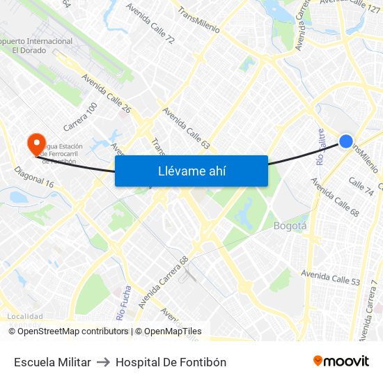 Escuela Militar to Hospital De Fontibón map