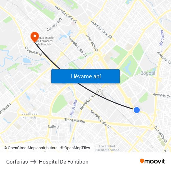 Corferias to Hospital De Fontibón map