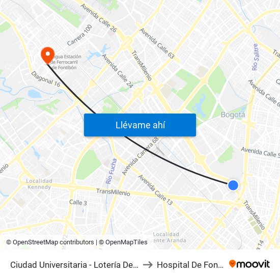 Ciudad Universitaria - Lotería De Bogotá to Hospital De Fontibón map