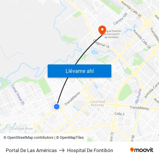 Portal De Las Américas to Hospital De Fontibón map