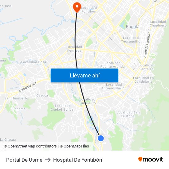 Portal De Usme to Hospital De Fontibón map