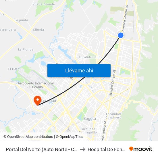 Portal Del Norte (Auto Norte - Cl 174a) to Hospital De Fontibón map