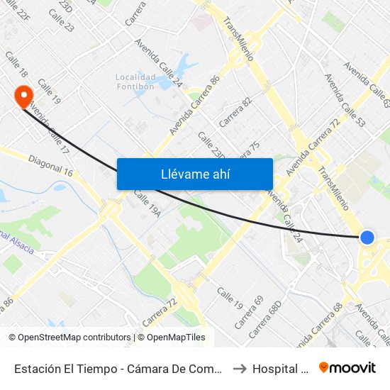Estación El Tiempo - Cámara De Comercio De Bogotá (Ac 26 - Kr 68b Bis) to Hospital De Fontibón map