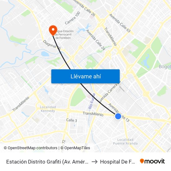 Estación Distrito Grafiti (Av. Américas - Kr 53a) to Hospital De Fontibón map