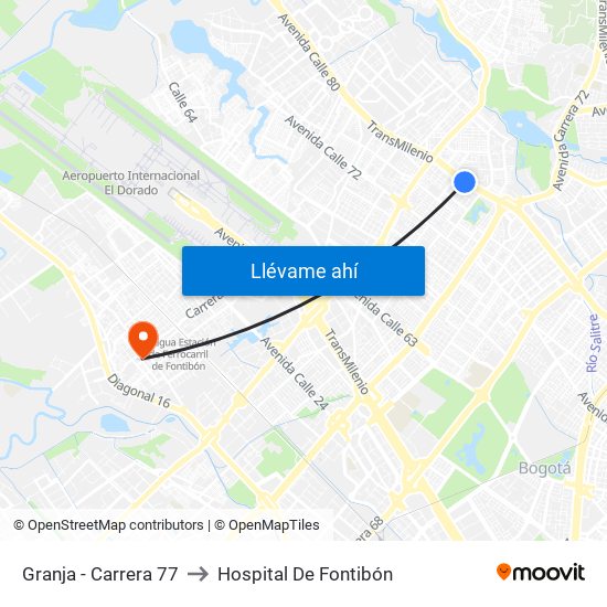 Granja - Carrera 77 to Hospital De Fontibón map