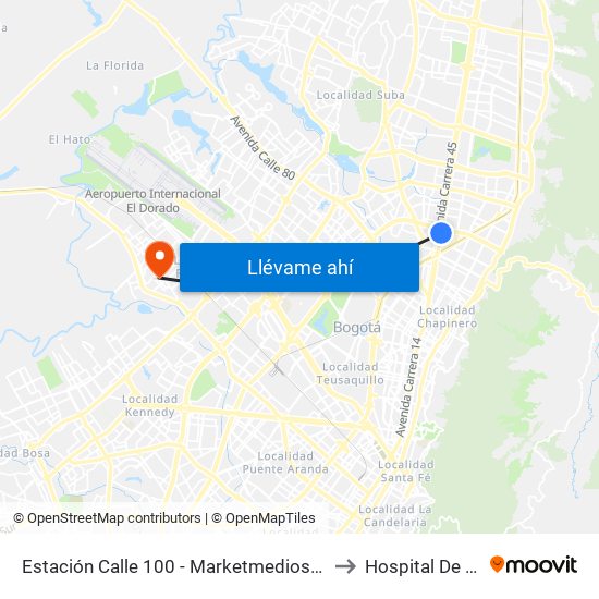 Estación Calle 100 - Marketmedios (Auto Norte - Cl 98) to Hospital De Fontibón map