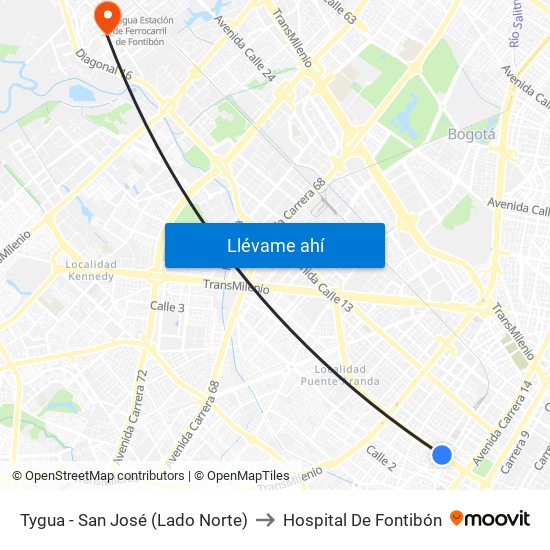 Tygua - San José (Lado Norte) to Hospital De Fontibón map