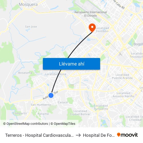 Terreros - Hospital Cardiovascular (Lado Sur) to Hospital De Fontibón map