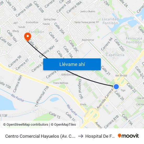 Centro Comercial Hayuelos (Av. C. De Cali - Cl 20) to Hospital De Fontibón map