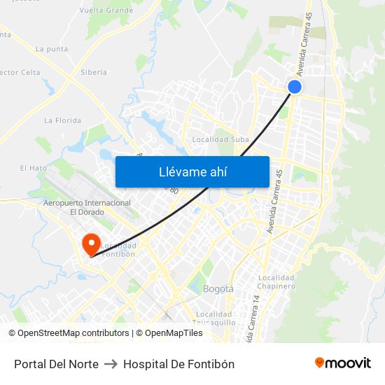 Portal Del Norte to Hospital De Fontibón map