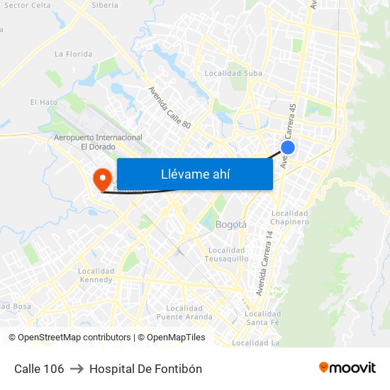 Calle 106 to Hospital De Fontibón map