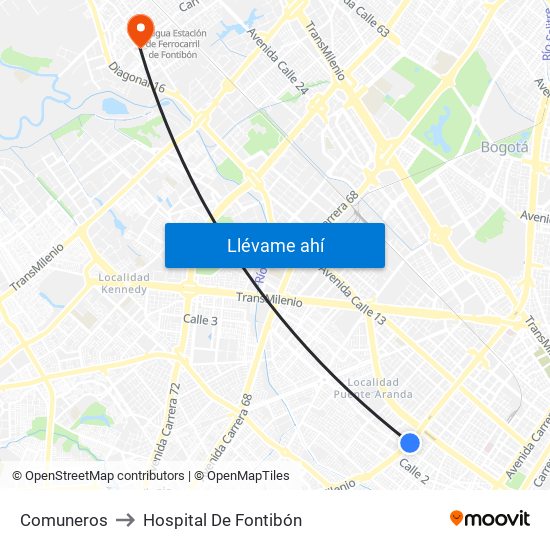 Comuneros to Hospital De Fontibón map