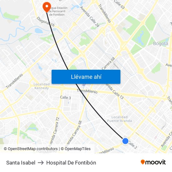 Santa Isabel to Hospital De Fontibón map