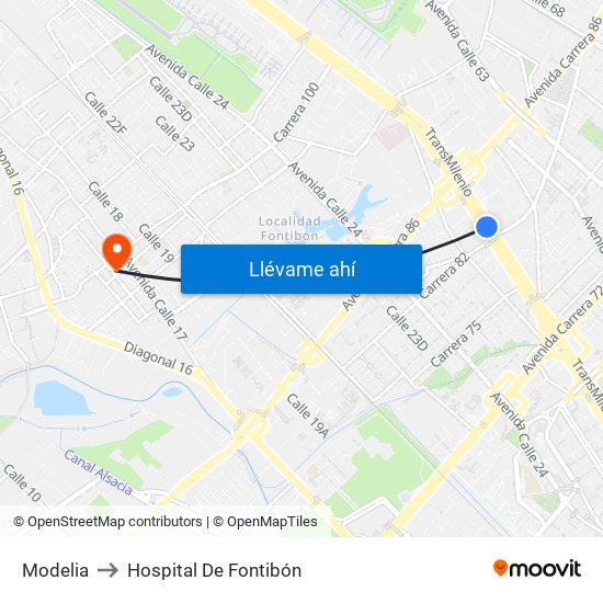 Modelia to Hospital De Fontibón map