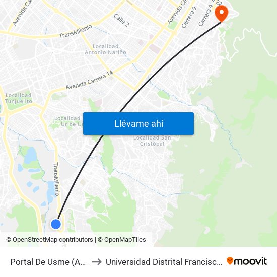 Portal De Usme (Av. Caracas - Cl 64 Sur) to Universidad Distrital Francisco José De Caldas - Sede Vivero map