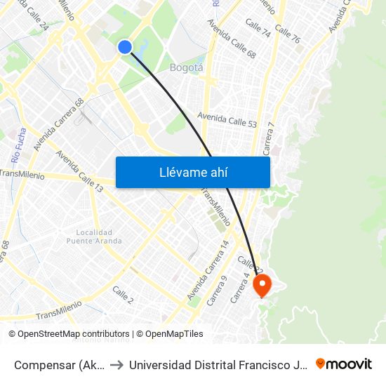 Compensar (Ak 68 - Cl 49) (D) to Universidad Distrital Francisco José De Caldas - Sede Vivero map