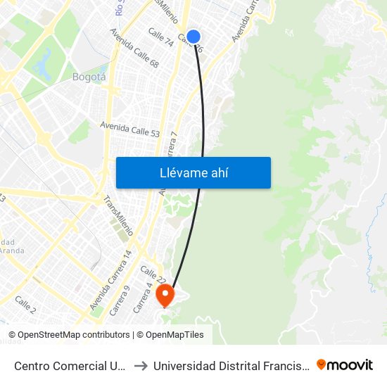 Centro Comercial Unilago (Ak 15 - Cl 77) (B) to Universidad Distrital Francisco José De Caldas - Sede Vivero map