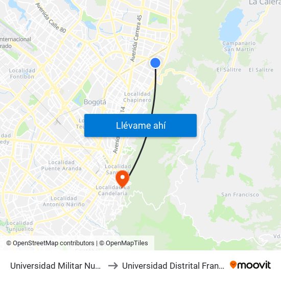 Universidad Militar Nueva Granada (Ac 100 - Kr 10) (B) to Universidad Distrital Francisco José De Caldas - Sede Vivero map