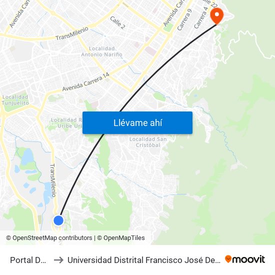 Portal De Usme to Universidad Distrital Francisco José De Caldas - Sede Vivero map