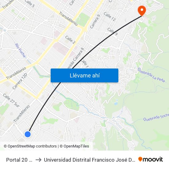 Portal 20 De Julio to Universidad Distrital Francisco José De Caldas - Sede Vivero map