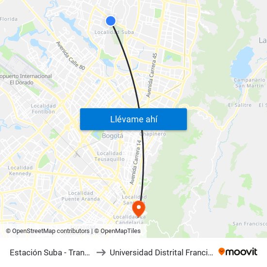 Estación Suba - Transversal 91 (Ak 91 - Ac 145) to Universidad Distrital Francisco José De Caldas - Sede Vivero map