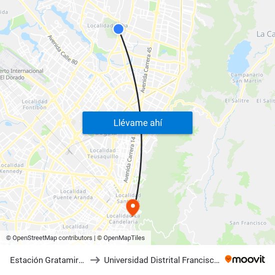 Estación Gratamira (Av. Suba - Cl 132a) to Universidad Distrital Francisco José De Caldas - Sede Vivero map